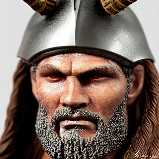 Image similar to of a 3d clay model of a viking from valhalla, wearing the horned helmet ultra fine detail, hair strands, ultra high resolution, fine texture detail, miniature painting techniques, perfect proportions, marvel cinematic universe, eric bana