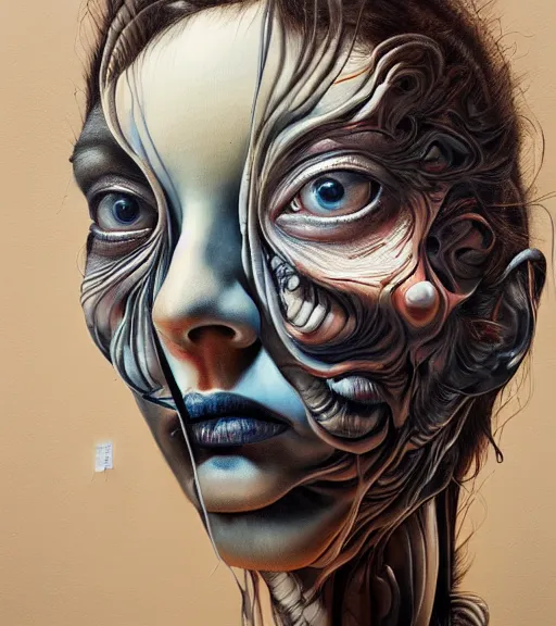 Image similar to strange surrealist, looming, biomorphic portrait of a woman with large eyes painted by dali, marco mazzoni, james jean, charlie immer and jenny saville, fluid acrylic, airbrush art, timeless disturbing masterpiece