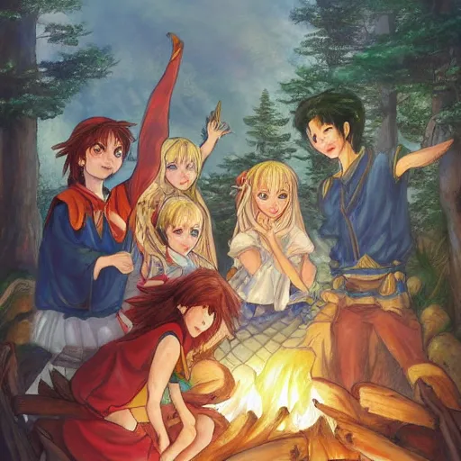 Image similar to a painting of a group of people around a fire while a wolf god watches them, a storybook illustration by naoko takeuchi, behance contest winner, fantasy art, artstation hq, official art