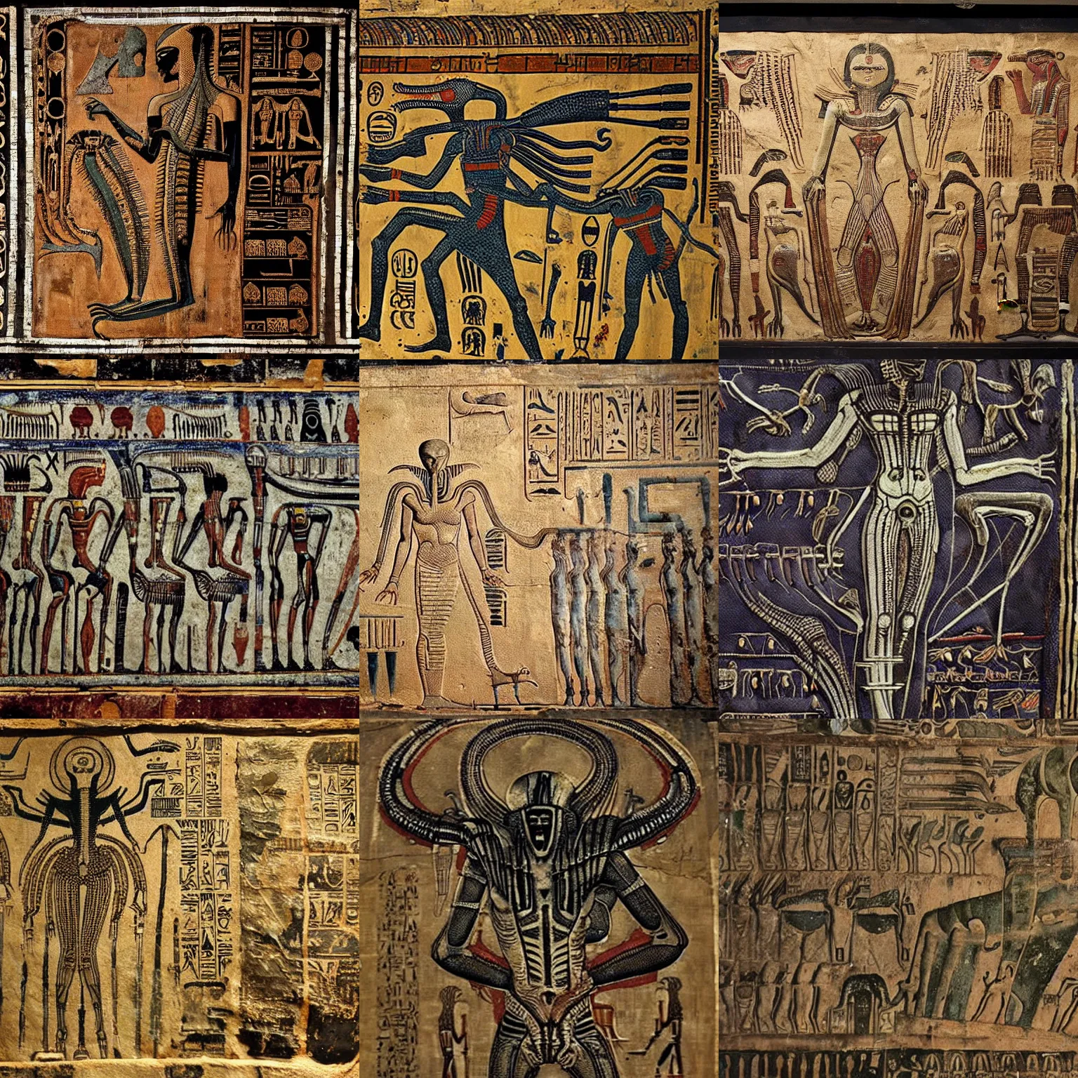 Image similar to [ xenomorph ] [ giger ] [ alien ] from movie aliens painted on highly intricate ancient egyptian mural art, with many hieroglyphs