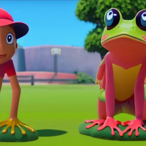 Image similar to frog pokemon trainer, wes anderson, screenshot from pokemon sword and shield