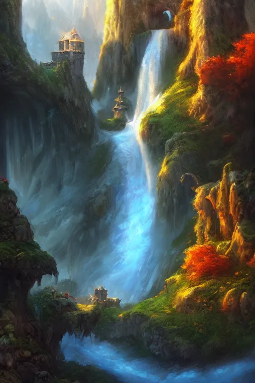 Prompt: Digital masterpiece depicting Idyllic fantasy landscape, waterfalls, castle, willows, mystical, magical, Tyler Edlin and Andreas Rocha, Hyperdetailed, stylized, Artstation