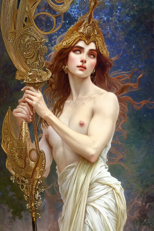 Image similar to painted portrait of artemis fully armored, greek god, feminine, powerful, beautiful, upper body, white robe, muscular, fantasy, intricate, elegant, highly detailed, digital painting, artstation, concept art, smooth, sharp focus, illustration, art by gaston bussiere and alphonse mucha