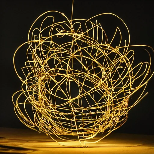 Prompt: a gigantic glowing golden wire sculpture of a flower, in a starry black sky