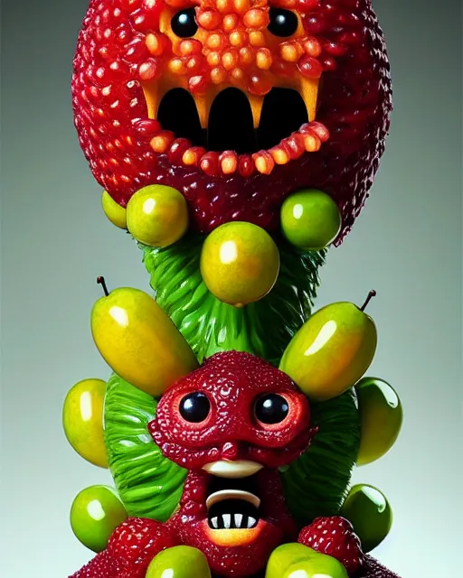 Image similar to portrait of a fruit figurine monster made of different fruit, 3 4 5 3 1, standing in a forest, staring wide open eyes, open mouth, very detailed eyes, trees in the background, sunlight, oil painting, highly detailed, dramatic lighting, hyperrealistic, 8 k, smooth, intricate, artstation, cgsociety, by artgerm, by wlop