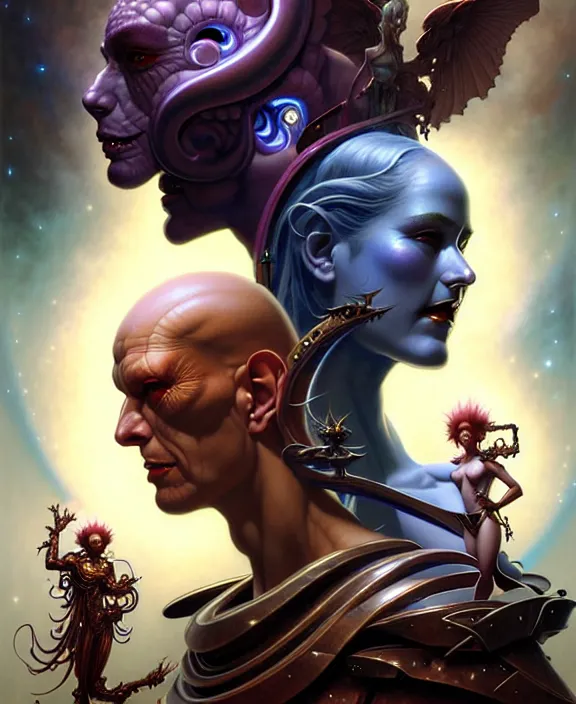 Image similar to beautiful gemini good and evil fantasy character portrait, ultra realistic, wide angle, intricate details, the fifth element artifacts, highly detailed by peter mohrbacher, hajime sorayama, wayne barlowe, boris vallejo, aaron horkey, gaston bussiere, craig mullins