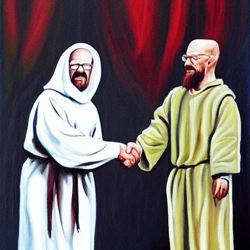 Prompt: A painting of walter white handshaking with Jesus