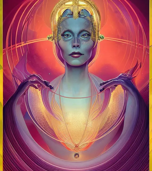 Prompt: streamline moderne portrait of the powerful queen of the solar system in the style of anna dittmann and in the style of wayne barlowe. glowing, ornate and intricate, stunning, dynamic lighting, intricate and detailed.