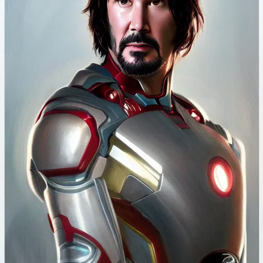 Image similar to Portrait of Keanu Reeves in the Ironman suit, elegant, digital painting, highly detailed, fantasy, artstation, concept art, smooth, sharp focus, illustration, art by artgerm and greg rutkowski and alphonse mucha