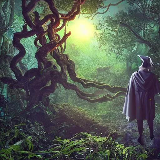 Prompt: a wizard walking towards a ravenous, ominous portal to hades embedded in a creepy tree in a densely overgrown, magical jungle, fantasy, dreamlike sunraise, stopped in time, dreamlike light incidence, ultra realistic