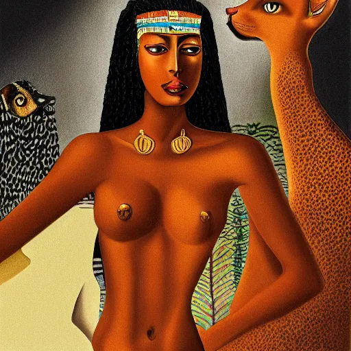 Image similar to a brown skinned black woman, with two cats, elegant, intricate, digital painting, smooth, sharp focus, illustration, salvador dali, ancient egypt, art deco, garden, diamonds