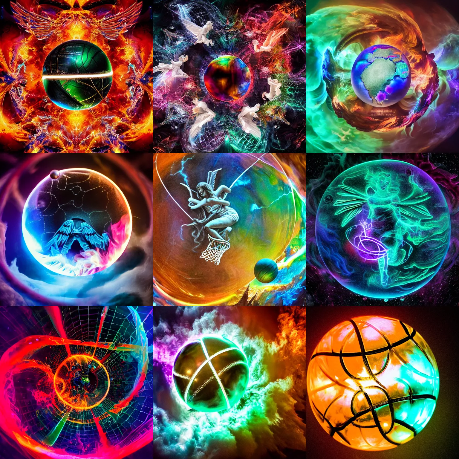 Prompt: /imagine prompt: Angels playing basketball, hell and heaven, hate, Filmic, Nikon D750, Exposure, Tones of Black, 4-Dimensional, Super-Resolution, Nonagon, Angelic, Yin Yang, Plasma Globe, Quantum Dot Display, Ruby, Sapphire, Emerald, Lumen Reflections, Twisted Rays, insanely detailed and intricate, hypermaximalist, elegant, ornate, hyper realistic, super detailed