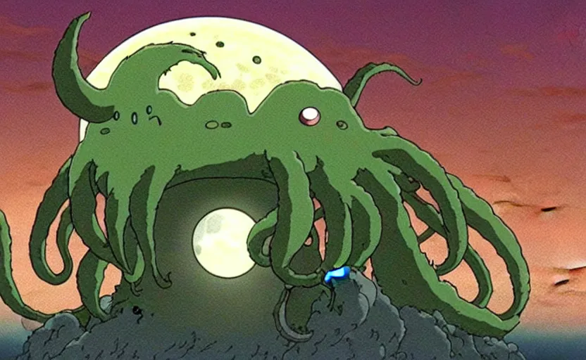 Prompt: a still from a studio ghibli movie of a cartoon cthulhu from princess mononoke ( 1 9 9 7 ) firing laser beams from its eyes in front of a pale full moon, full body, wide shot, very dull muted colors, studio ghibli, highly detailed, deviantart, art by artgem