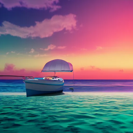 Image similar to a boat chilling on the beach, sunset, vaporwave