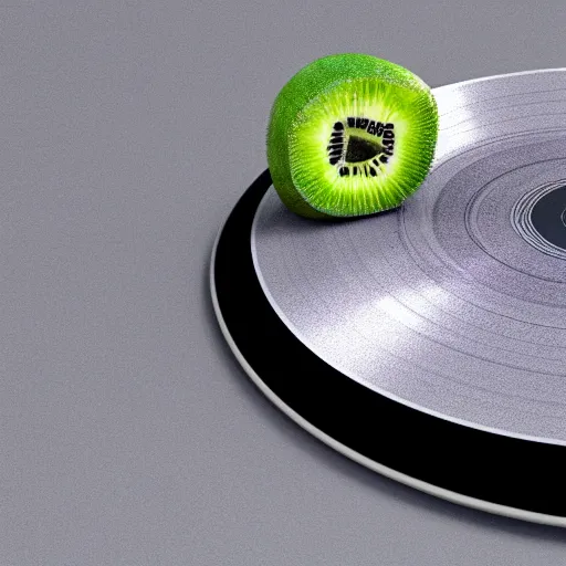 Image similar to vinyl turntable vinyl record in shape of huge round kiwi fruit, 4 k, unreal render, blender guru