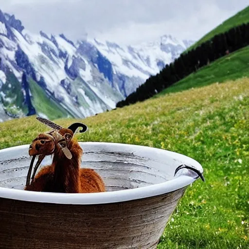 Prompt: dragonfly in a bathtub in the alps, goats!!!!!!!! goat!! sheep!!! in background