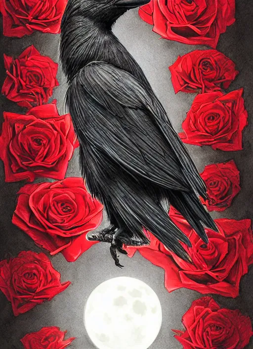 Image similar to portrait, A crow with red eyes in front of the full big moon, book cover, red roses, red white black colors, establishing shot, extremly high detail, foto realistic, cinematic lighting, pen and ink, intricate line drawings, by Yoshitaka Amano, Ruan Jia, Kentaro Miura, Artgerm, post processed, concept art, artstation, matte painting, style by eddie mendoza, raphael lacoste, alex ross