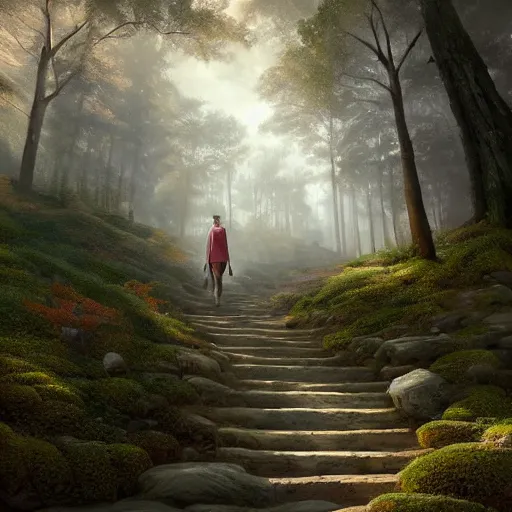 Image similar to a painting of a person walking up a set of stairs in a forest, a detailed matte painting by michael james smith, cgsociety, fantasy art, matte painting, cryengine, vray