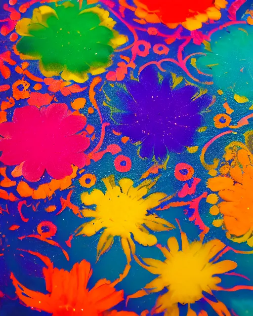 Prompt: color powder mandala motifs, flowers, petals, stems and seeds on a tabletop, arranged to be reminiscent of a cat, a fluid flowing soft abstract painting by Willem de Kooning and Lisa Frank