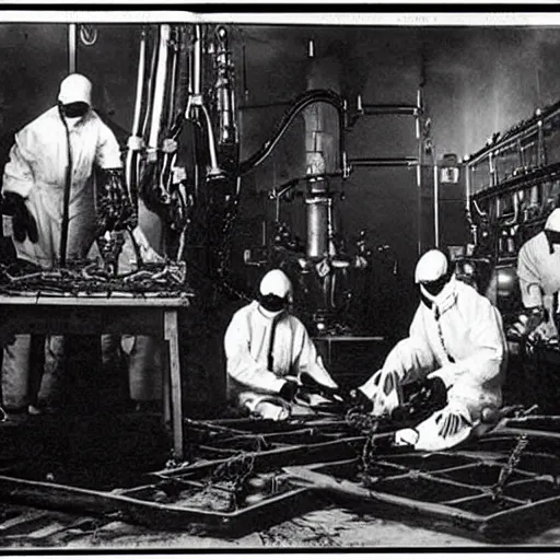 Image similar to old black and white photo, 1 9 1 3, depicting scientists in hazmat suits dissecting an alien biomechanical octopus, historical record