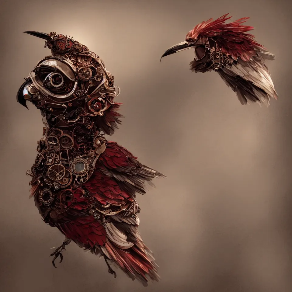 Image similar to a detailed concept art steampunk of a bust bird, gradient dark red, cream and white color scheme, dynamic lighting, cinematic, epic composition, masterpiece