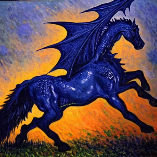 Image similar to oil painting horses mixed with dragon at night backlit in style o monet