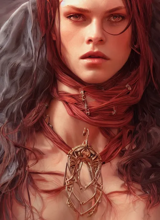 Image similar to vertical portrait of a ruggedly handsome female cleric, soft hair, close - up face, leather, witchy, d & d, fantasy, intricate, elegant, highly detailed, digital painting, artstation, concept art, smooth, sharp focus, illustration, art by artgerm and greg rutkowski and alphonse mucha, plain red background