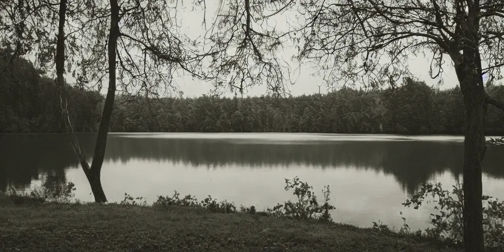 Prompt: symmetrical photograph of an long rope floating on the surface of the water, the rope is snaking from the foreground towards the center of the lake, a dark lake on a cloudy day, trees in the background, moody scene, dreamy kodak color stock, anamorphic lens