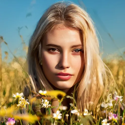Image similar to photo of very attractive very beautiful very slim blonde girl ,face close-up,20years old,spotless skin,in a flowery field,very high detail,sharp, 35mm art lense, award winning, magazine cover, golden hour