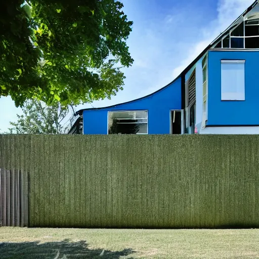 Prompt: house futurist, green yard, deep, blue sky with few white cloud, focus on the house