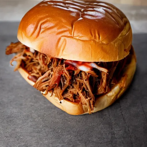 Image similar to pulled pork sandwich that looks like a monster, with eyes and shark teeth, drooling barbecue sauce