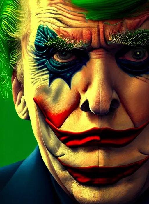 Prompt: portrait of donald trump as the joker, green hair, intricate, elegant, glowing lights, highly detailed, digital painting, artstation, concept art, sharp focus, illustration, art by wlop, mars ravelo and greg rutkowski