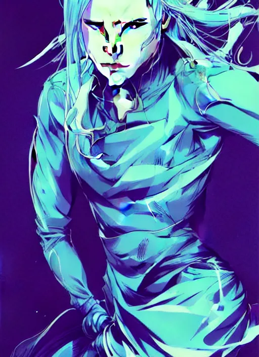 Image similar to style of yoji shinkawa, artgerm, joshua middleton, beautiful kristen bell with green dress, very long blue hair, water powers water swirling, symmetrical face, symmetrical eyes, detailed, beach setting, cinematic lighting