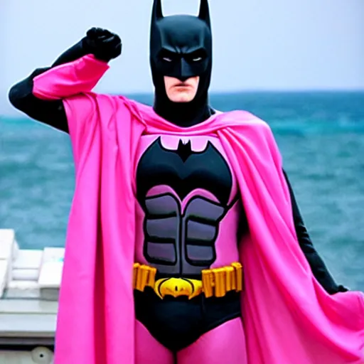 Prompt: batman wearing a pink batsuit and flippers