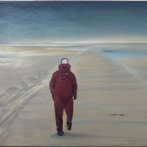 Image similar to a man in a hazmat walking on an abandoned beach, oil painting