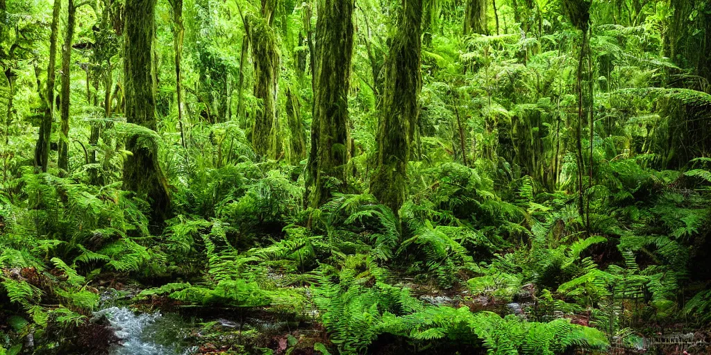 Image similar to a beautiful fern forest with a creek and redwoods and dappled light