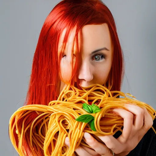 Image similar to a woman with spaghetti as hair, 8 k, 4 k, professional photography, award winning photo