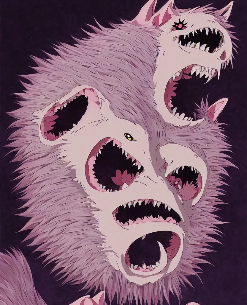 Image similar to beautiful painting from the anime film by studio ghibli, pink anthropomorphic werewolf human hybrid, drooling teeth bared, fur, trending on artstation, by raqib shaw and MC Escher