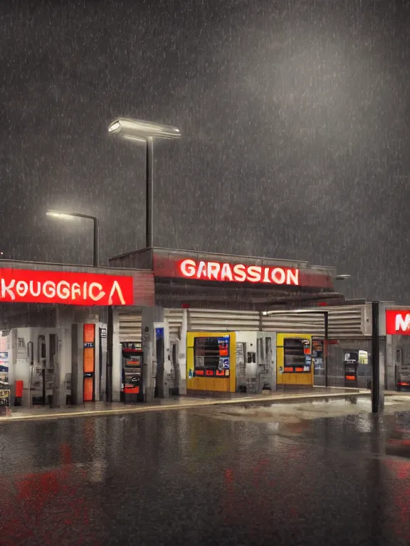 Image similar to photo of 8k ultra realistic gas station, neon, heavy rain, full of colour, cinematic lighting, battered, trending on artstation, 4k, hyperrealistic, focused, extreme details,unreal engine 5, cinematic, masterpiece, art by ayami kojima, giger