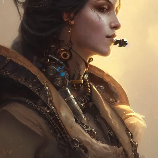 Image similar to a beautiful portrait of a steampunk goddess, a detailed painting by greg rutkowski and raymond swanland, featured on cgsociety, fantasy art, detailed painting, artstation hd, photorealistic