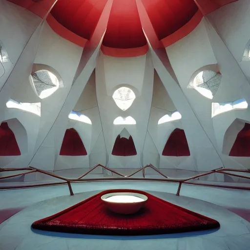 Image similar to central altar in the interior of a futuristic lotus temple with gold, red and white marble panels, in the desert, by buckminster fuller and syd mead, intricate contemporary architecture, photo journalism, photography, cinematic, national geographic photoshoot