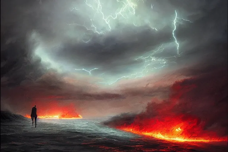 Prompt: apocalyptic tumultuous sea, fire tornado, storm, vortex, lightning, nuclear explosion, dramatic lighting, dark, by greg rutkowski and jeffrey smith, trending on artstation