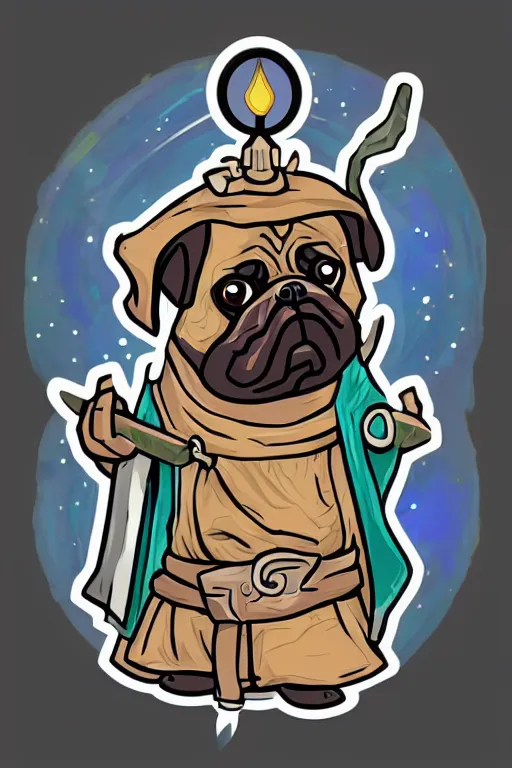 Prompt: Portrait of a pug that is a wizard casting a spell , wizard, medieval, sticker, colorful, casting epic spell, magic the gathering artwork, D&D, fantasy, artstation, heroic pose, illustration, highly detailed, simple, smooth and clean vector curves, no jagged lines, vector art, smooth
