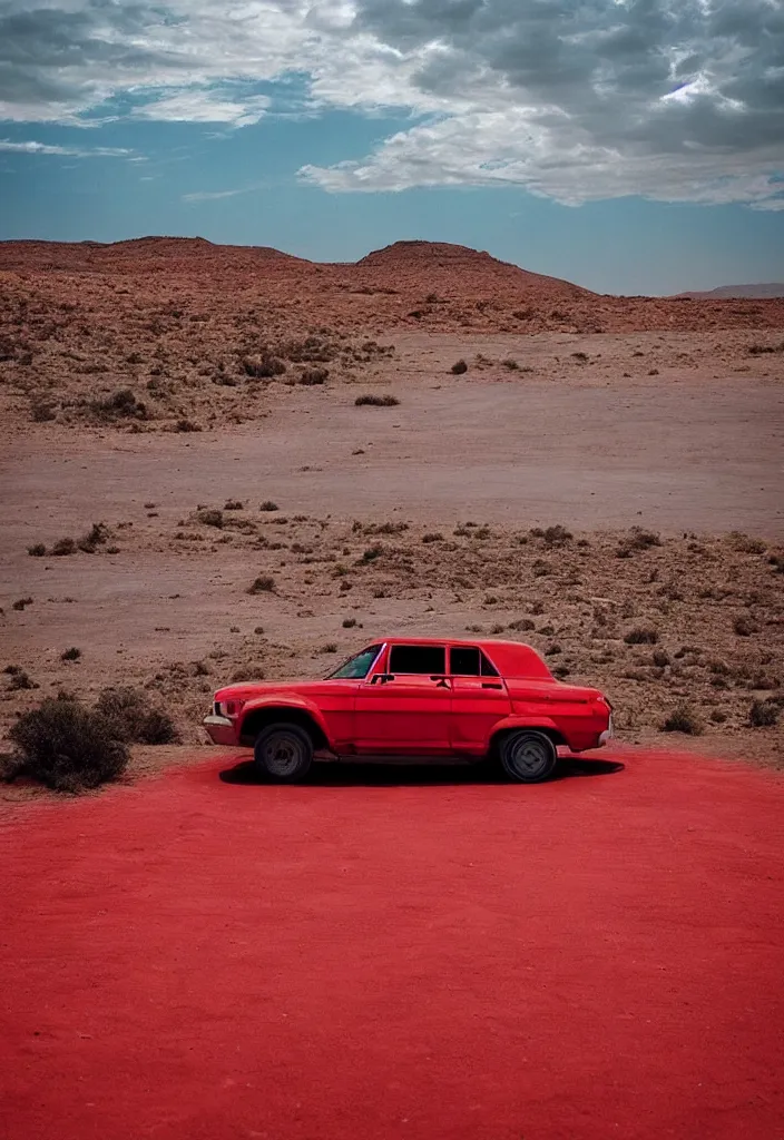 Prompt: “a red car is parked in the middle of the desert, a matte painting by Scarlett Hooft Graafland, featured on unsplash, australian tonalism, anamorphic lens flare, cinematic lighting, rendered in unreal engine”