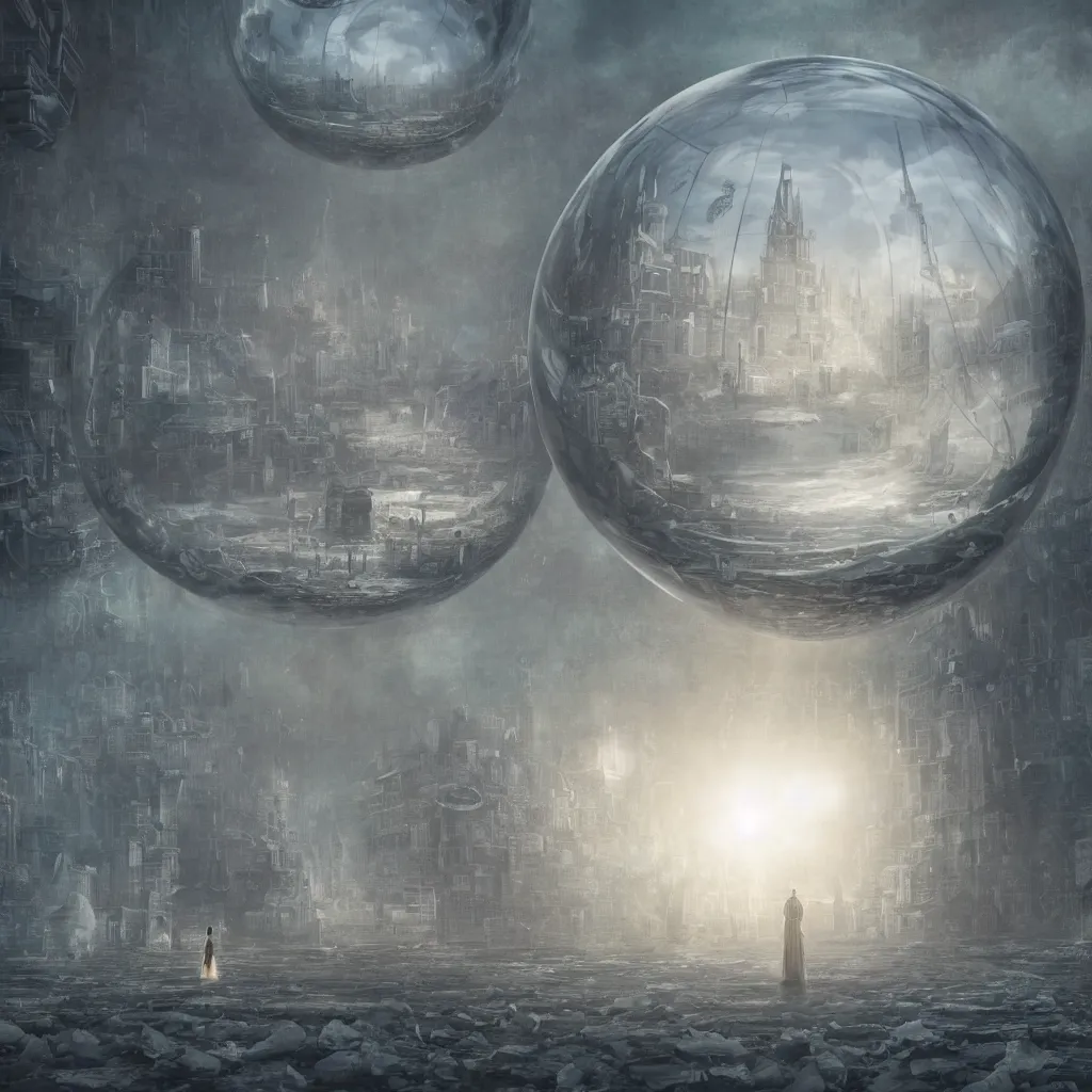 Image similar to a surreal dreamlike scene of a miniature city inside a transparent sphere, somber melancholic matte painting, highly detailed oil painting, liminal space, 8k, stillness, solitude, icy cold pale silent atmosphere, masterpiece