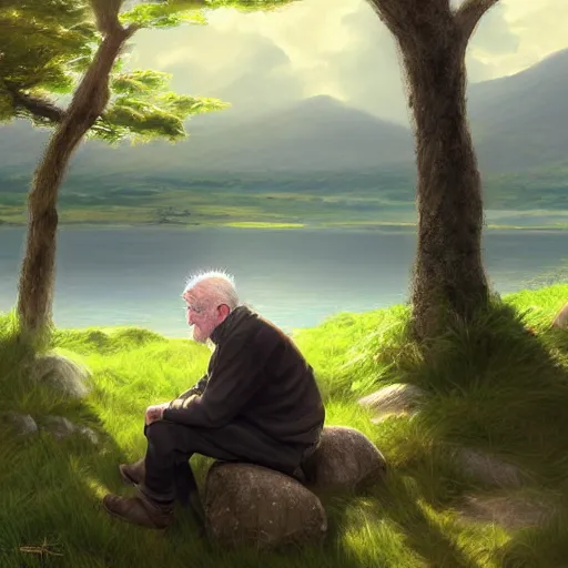 Image similar to portrait of an old irish man sitting on a stone in a grove in ireland next to a lake, highly detailed, digital painting, concept art, sharp focus, by makoto shinkai