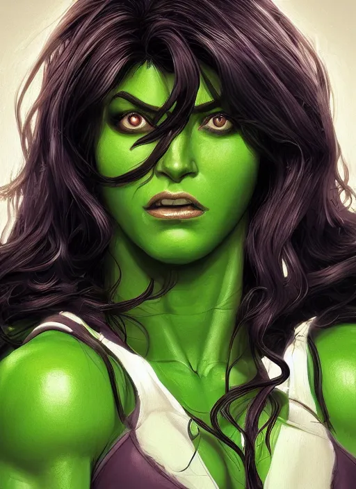 Prompt: she hulk portrait, hyper detailed, digital art, trending in artstation, cinematic lighting, studio quality, smooth render, unreal engine 5 rendered, octane rendered, art style by klimt and nixeu and ian sprigger and wlop and krenz cushart.