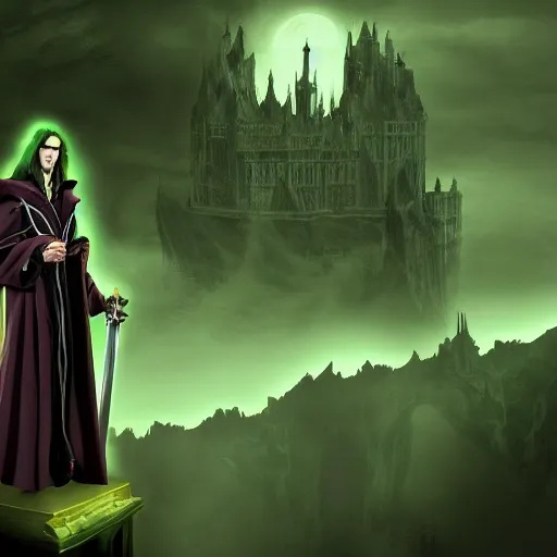 Prompt: Warlock, wearing dark green robes, controlling shadows, 4k, high detail in the style of the castlevania show