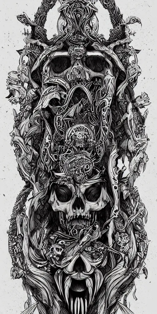 Image similar to A totem with a skull and an wolf, lovecraft, ink on paper, coherent, symmetrical, intricate, high detail, digital painting, octane render, 4k, trending on artstation