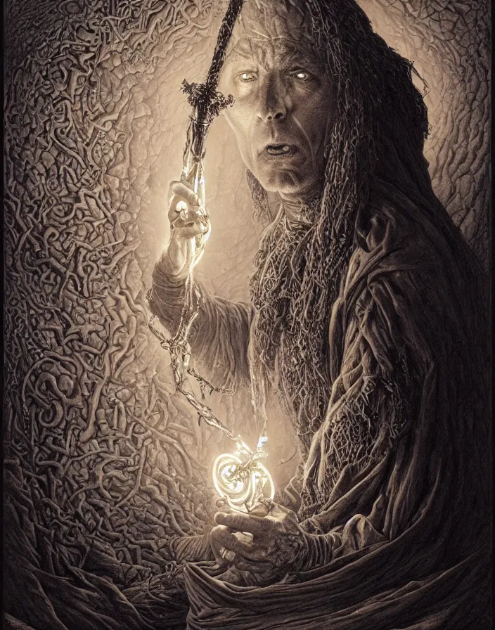 Image similar to highly detailed portrait of a dark mage casting a spell by alex grey, patrick woodroffe, mark ryden created by gustave dore and greg rutkowski, high detailed, smooth draw, synthwave neon retro, intricate, realistic proportions, dramatic lighting, trending on artstation